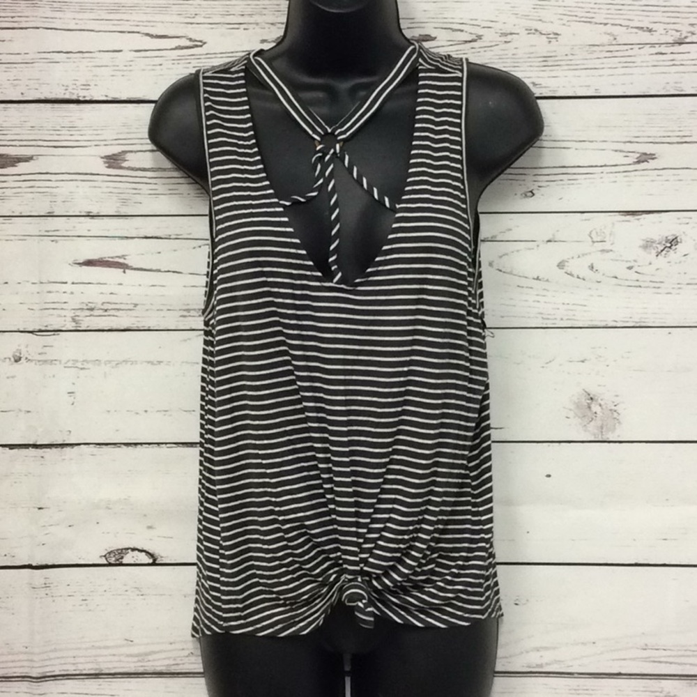 Hippie Chic gray and white‎ striped tie front tank